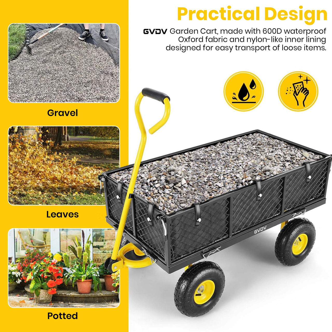GVDV Heavy Duty Steel Garden Cart with Liner, 660lbs Capacity, 3 Cu ft, 10" All-Terrain Wheels, Black/Yellow – Durable Utility Cart for Yard Work, Hauling, and Outdoor Use