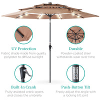 Best Choice Products 10ft 3-Tier Solar Patio Umbrella w/ 24 LED Lights, Tilt Adjustment, Easy Crank - Tan