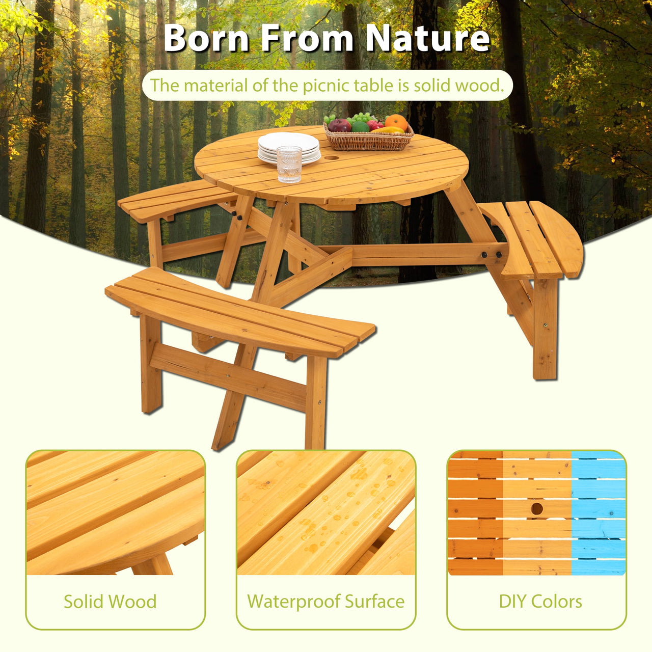 JXXRZ 6-Person Circular Outdoor Wooden Picnic Table w/ 3 Built-In Benches, 500lbs Capacity Per Bench- Natural