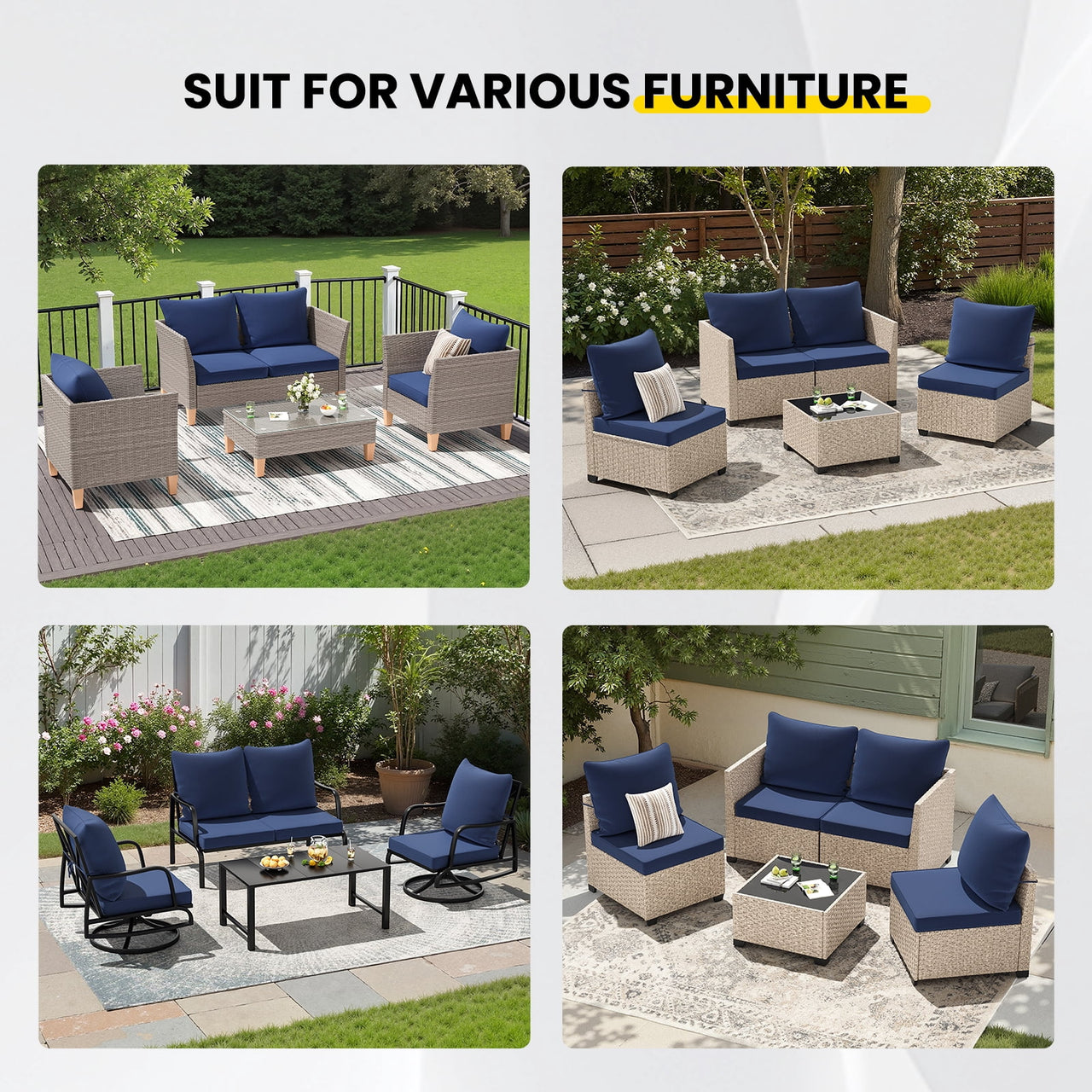 STARY Outdoor Deep Seat Cushions for Patio Furniture, 24"x24" Replacement Sectional Cushions for Outdoor Sofa, Armchair, 8 Pieces, Blue