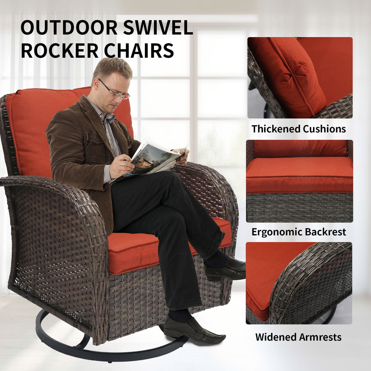 3 Piece Outdoor Swivel Rocker Chairs, Swivel Glider Patio Chairs, Heavy Duty Patio Chairs 400 lbs with Side Table, Red