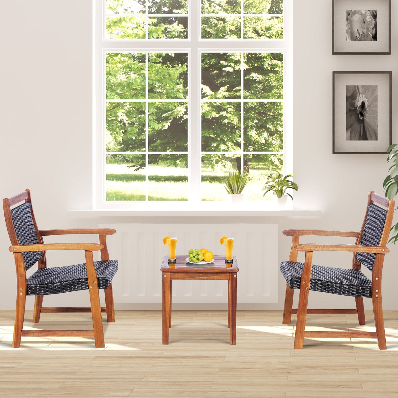 Patiojoy Rattan Bistro Set 3-Piece Outdoor Acacia with Table and Chairs, Brown