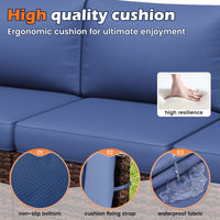 UDPATIO 6-Piece Patio Furniture Set, Outdoor Patio Sofa Set With Wide Armrest, All-Weather Wicker Rattan Guest Set With Cushion And Glass Table And Waterproof Cover, Brown & Navy Blue