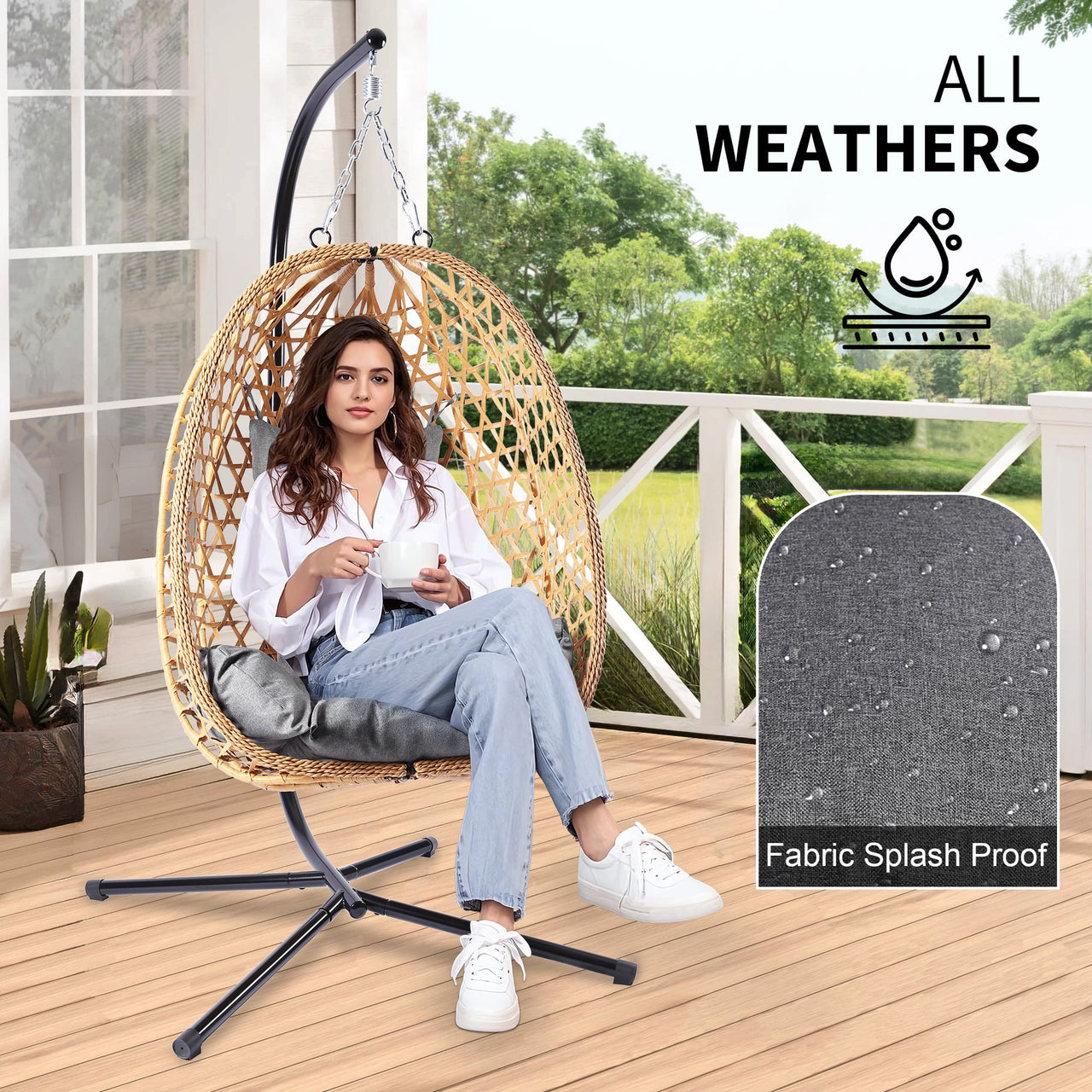 Egg Chair with Stand, Patio Wicker Bifanuo Hanging Chair, Hammock Swing Chair, 350LBS Capacity for Bedroom, Balcony, Garden