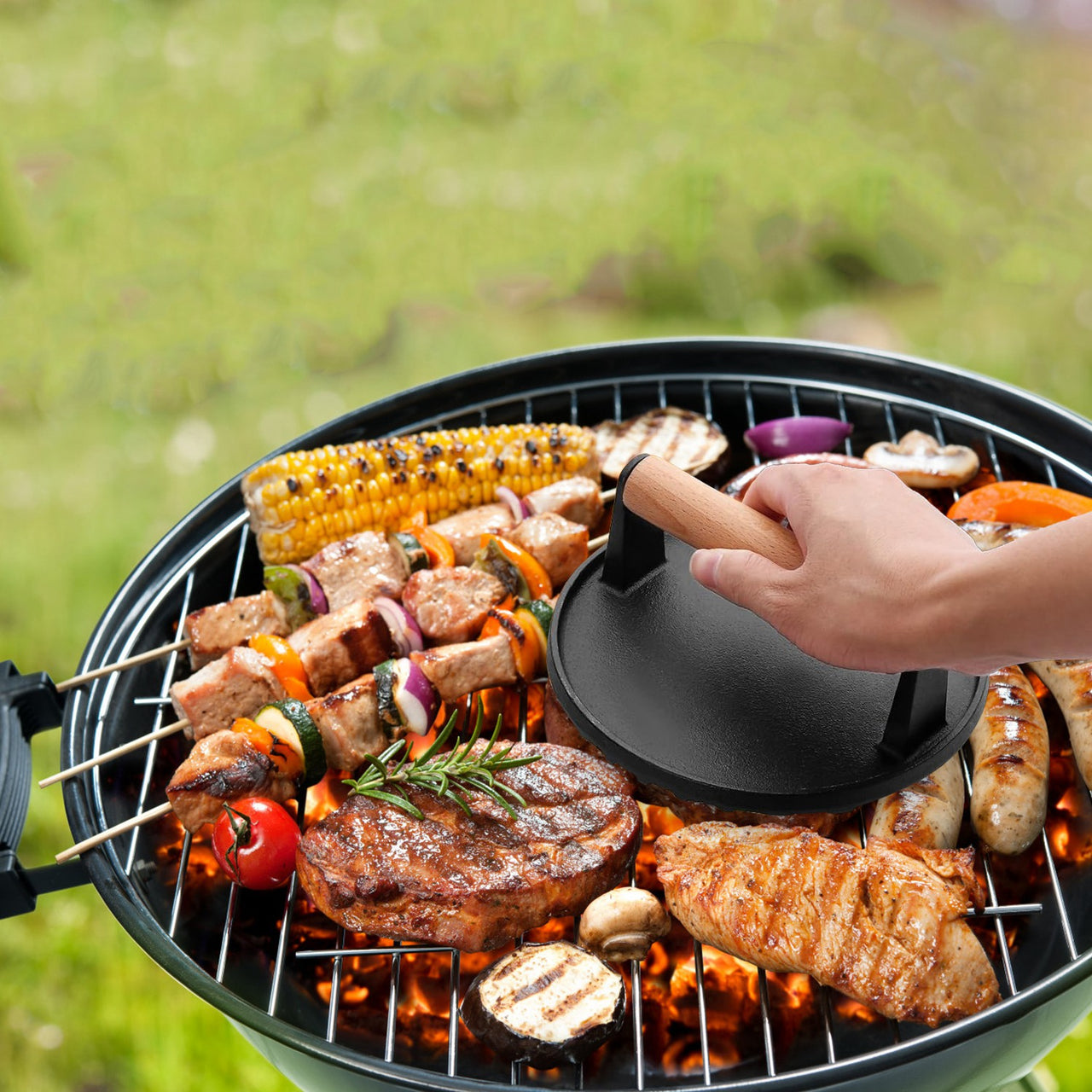 2Pcs Burger Press Heavy-Duty Cast Iron Smashed Meat Steak Weight Grill Griddle Press (7" Round & 8.2"X4.3" Rectangle) with Wood Handle for Camping Griddle