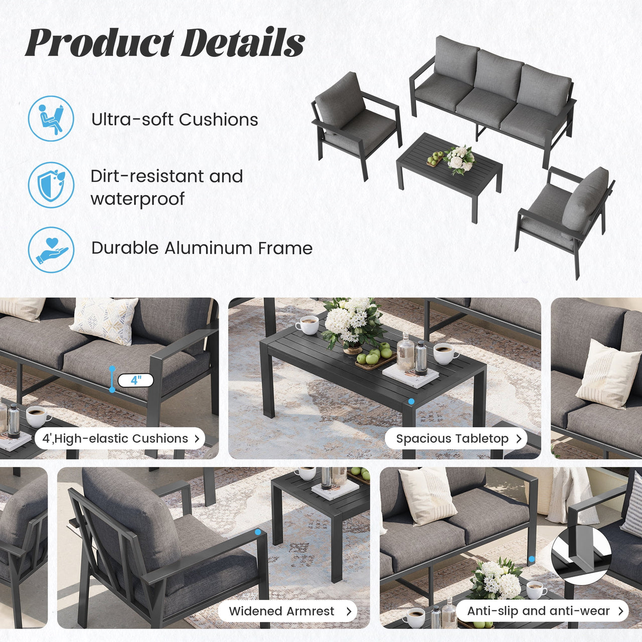 MRUAKA Aluminum Patio Furniture Set, 6 Pcs Modern Outdoor Sofa Sets, Outdoor Sectional Patio Conversation Set with Coffee Table for Backyard, Poolside, Dark Grey
