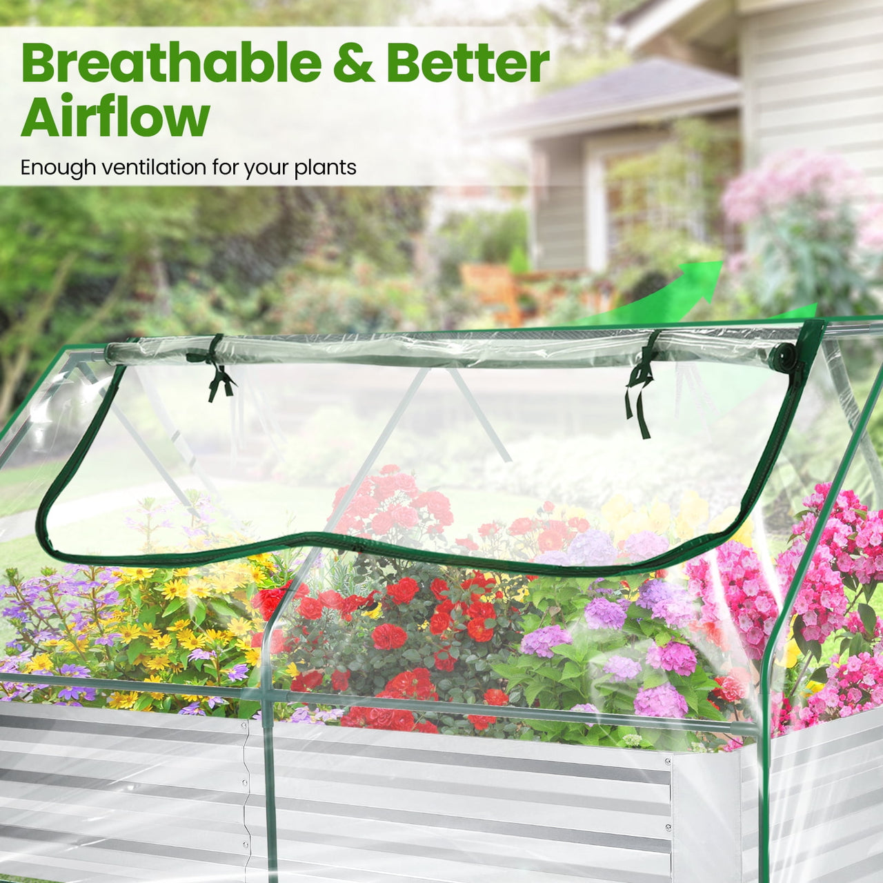 Funcid Galvanized Raised Garden Bed with Cover, Outdoor Metal Planter Box 2 Roll-Up Windows Mini Greenhouse for Growing Flowers Fruits Vegetables and Herbs, 6x3x3ft(Clear)