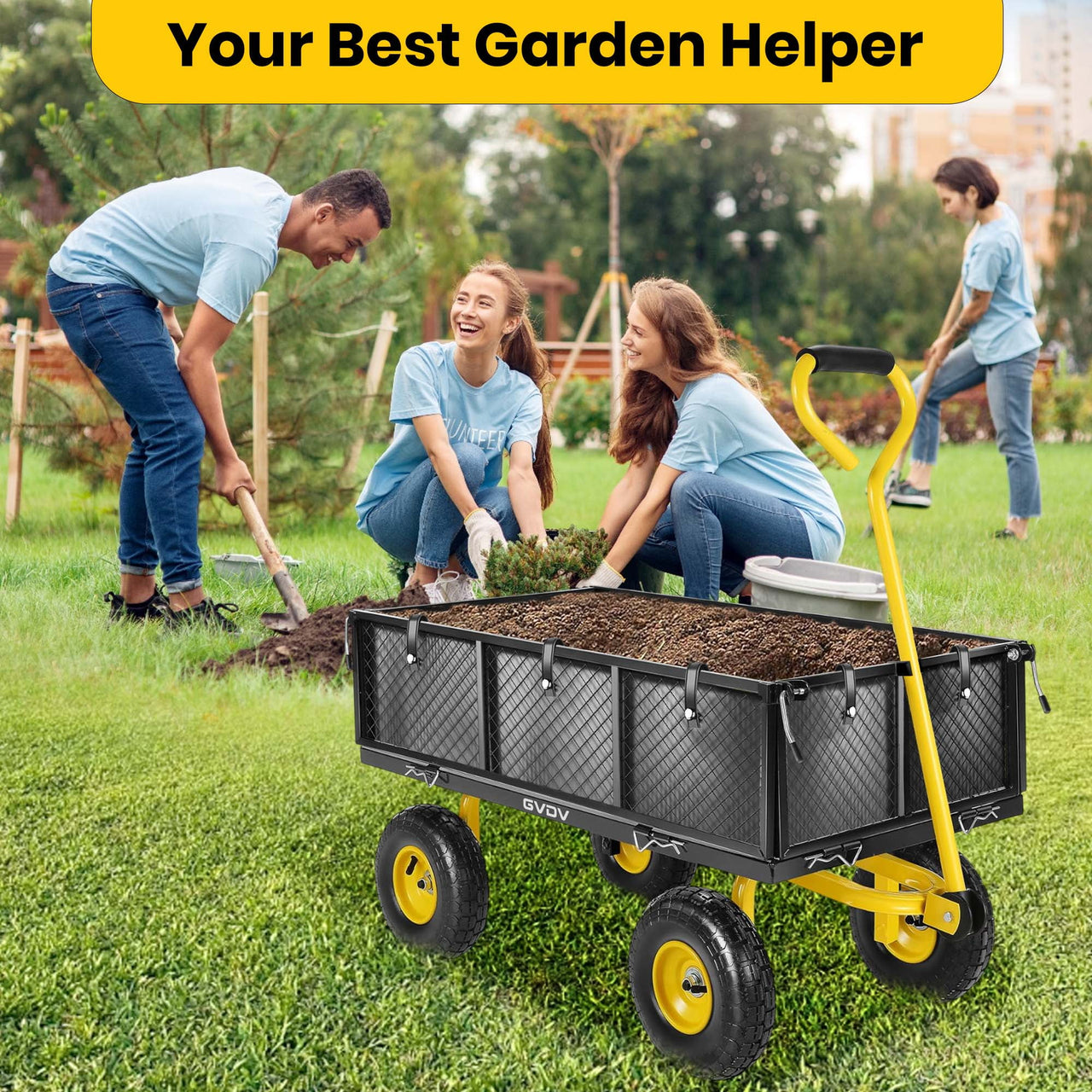 GVDV Heavy Duty Steel Garden Cart with Liner, 660lbs Capacity, 3 Cu ft, 10" All-Terrain Wheels, Black/Yellow – Durable Utility Cart for Yard Work, Hauling, and Outdoor Use