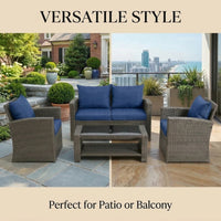 HOYOA Wicker Patio Furniture Set, 4 Piece Outdoor Sectional Conversation Sets, Grey PE Rattan Patio Sofa Set for Balcony, Porch, Backyard, Blue