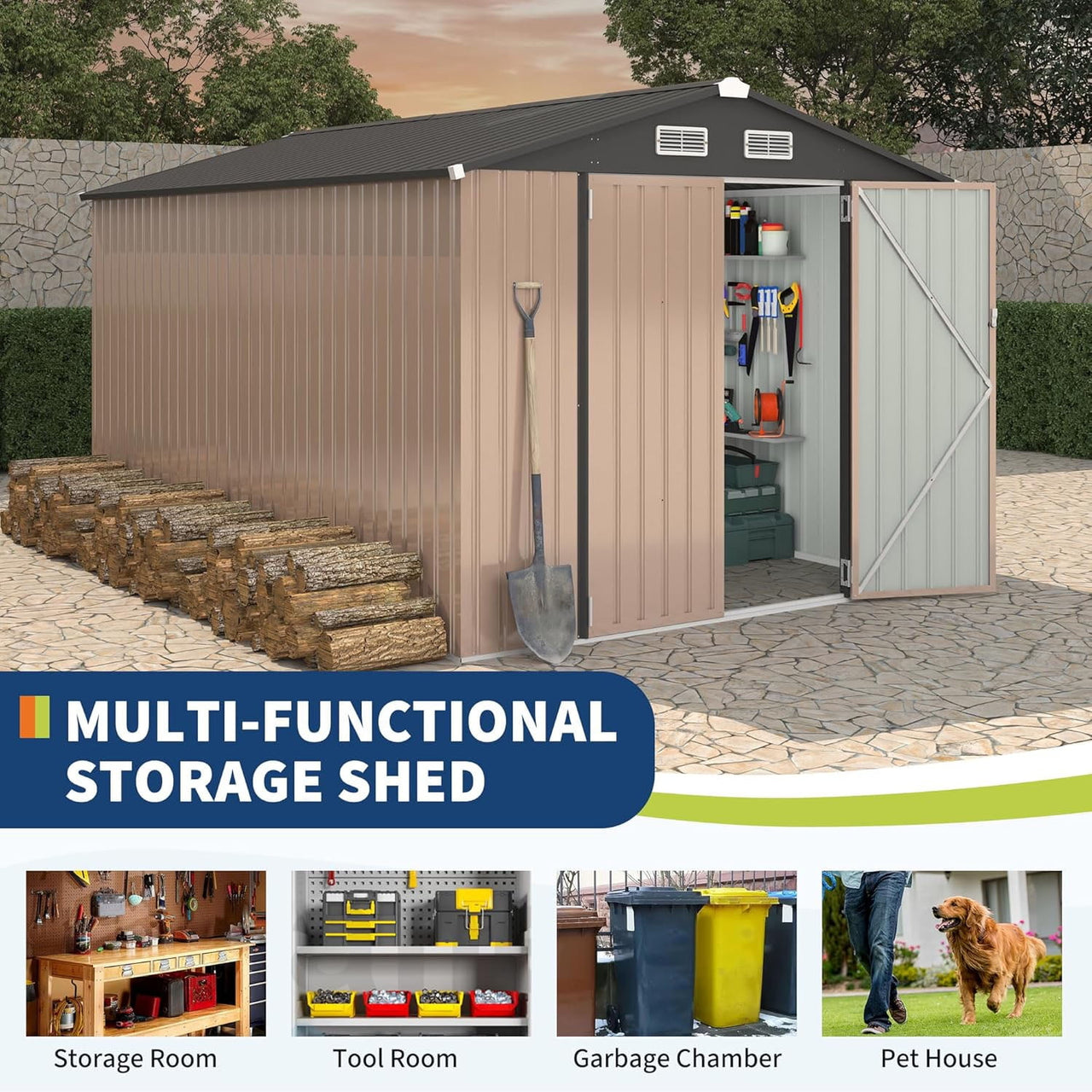 8x12 FT Metal Storage Sheds Outdoor, Metal Yard Sheds Garden Shed Kit, 8x12x6.4 FT Outdoor Storage Sheds, Metals Tool Shed with Lockable Door, Metals UtilityShed Buildings with Air Vent for Backyard G