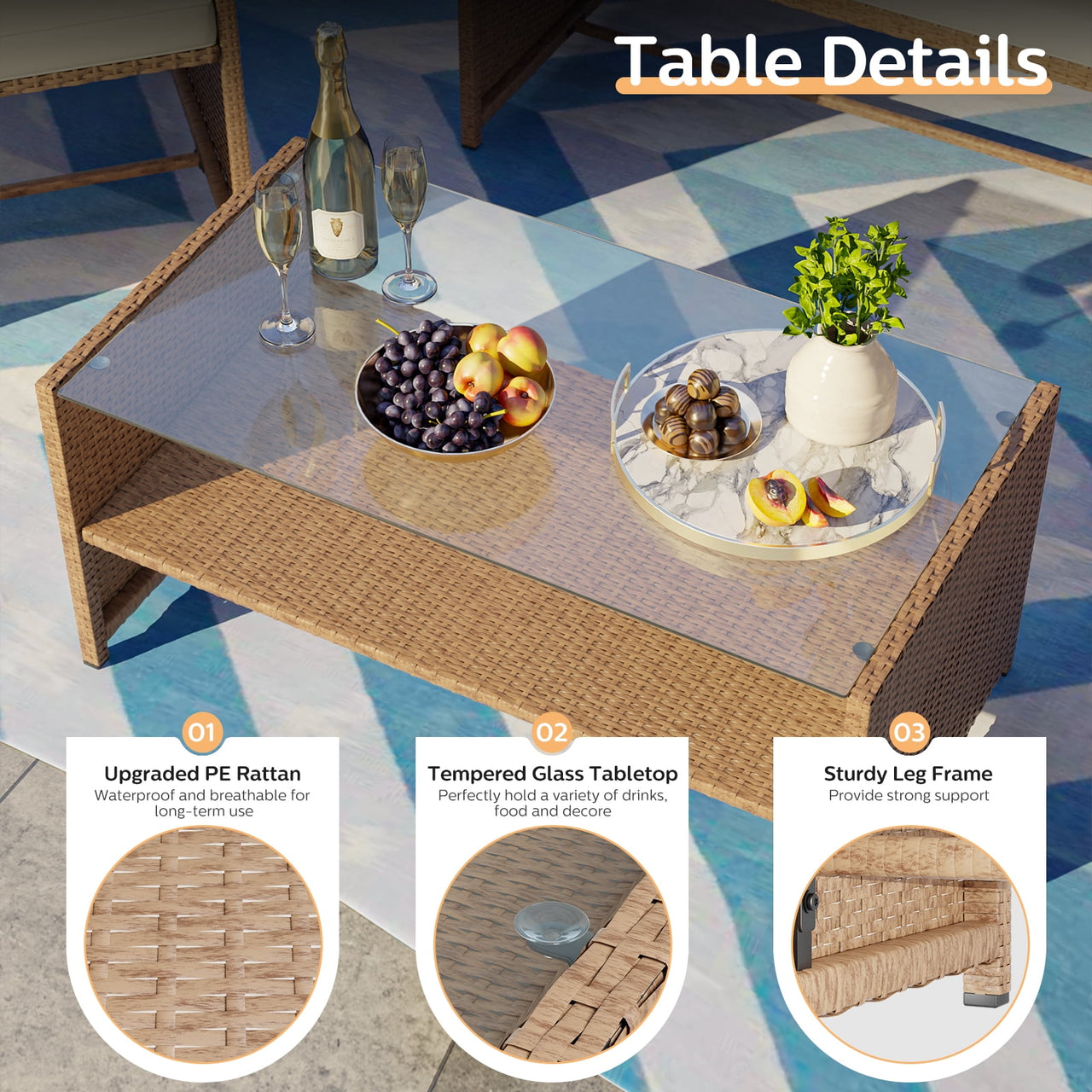 ELPOSUN 4-Piece Patio Rattan Furniture Set with Cushions & Tempered Glass Tabletop, Beige