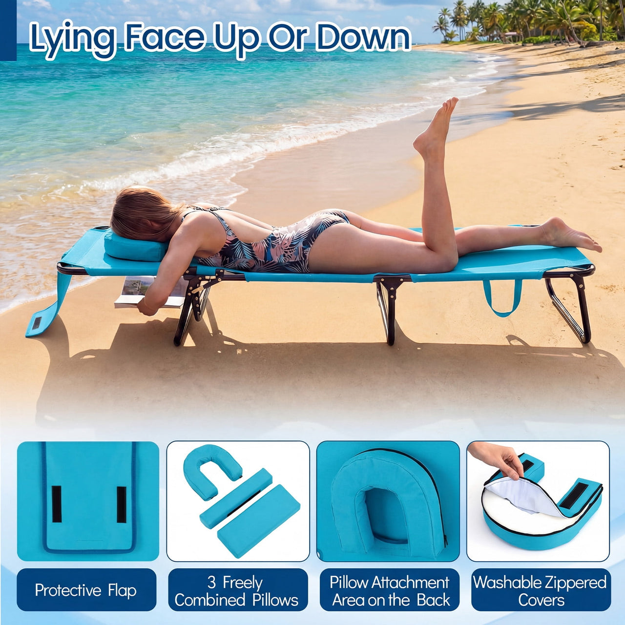 Costway Beach Chaise Lounge Chair with Face Hole Pillows & 4-Position Adjustable Backrest Turquoise