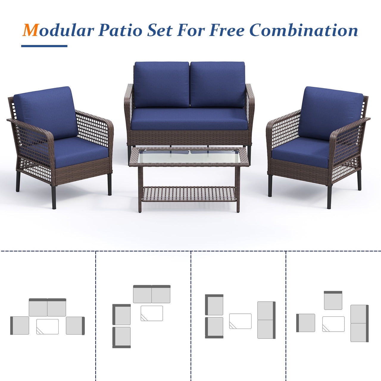 ELPOSUN 4 Pieces Patio Furniture Set, All-Weather Wicker Outdoor Furniture Set for Porch, Patio Conversation Set for Backyard, Balcony, Brown/Blue