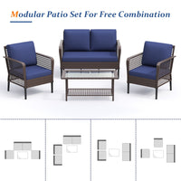 ELPOSUN 4 Pieces Patio Furniture Set, All-Weather Wicker Outdoor Furniture Set for Porch, Patio Conversation Set for Backyard, Balcony, Brown/Blue