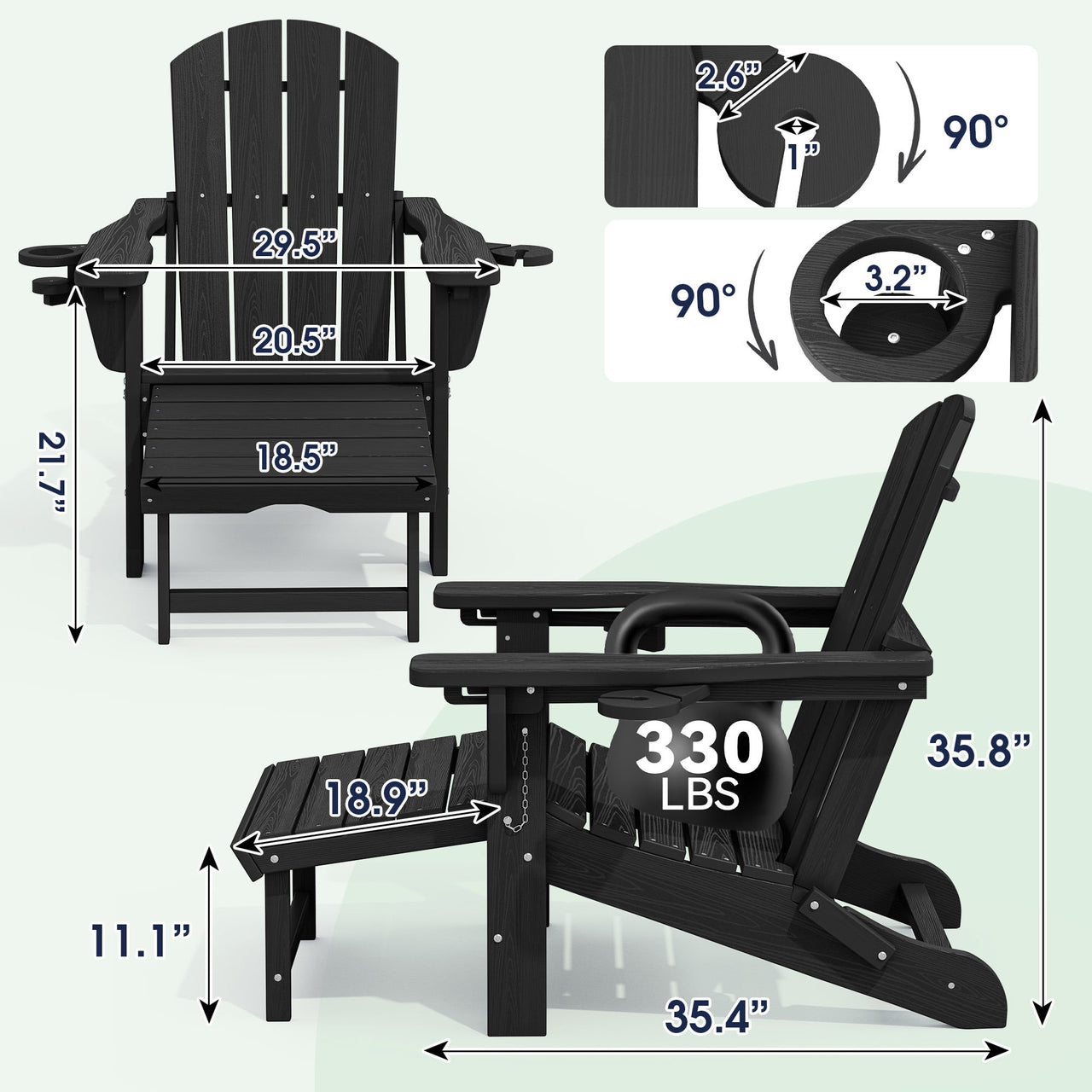 SERWALL Adjustable Folding Adirondack Chair with Footrest & Dual Cup Holders Set of 2, HDPE Foldable Multifunctional Adirondack Chair with Ottoman for Patio, Outdoor, Garden, Black