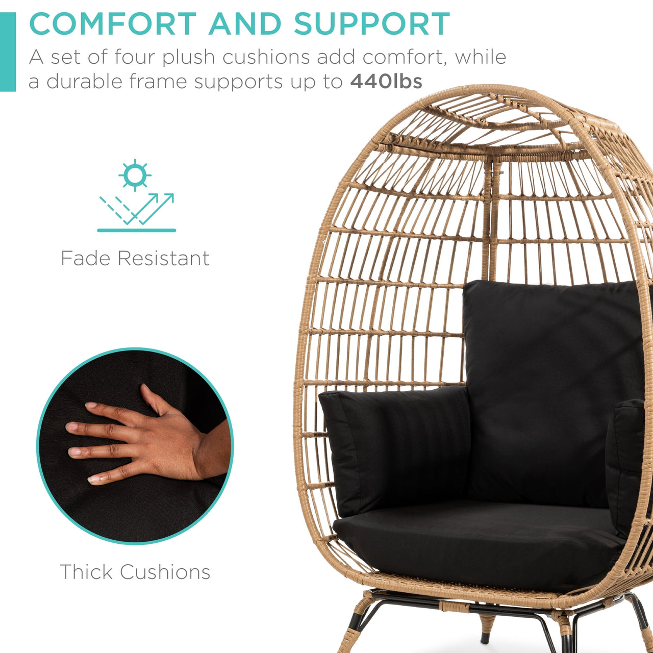 Best Choice Products Wicker Egg Chair Oversized Indoor Outdoor Patio Lounger w/ Steel Frame - Black