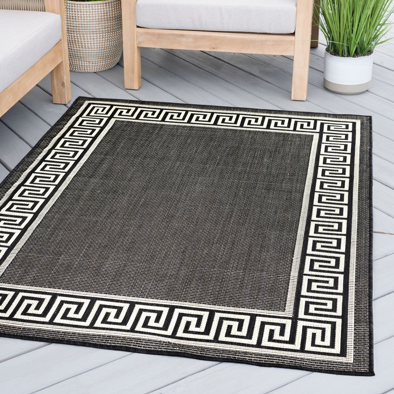 5x8 Water Resistant, Indoor Outdoor Rugs for Patios, Front Door Entry, Entryway, Deck, Porch, Balcony | Outside Area Rug for Patio | Black, Greek Key | Size: 5'3'' x 7'3''