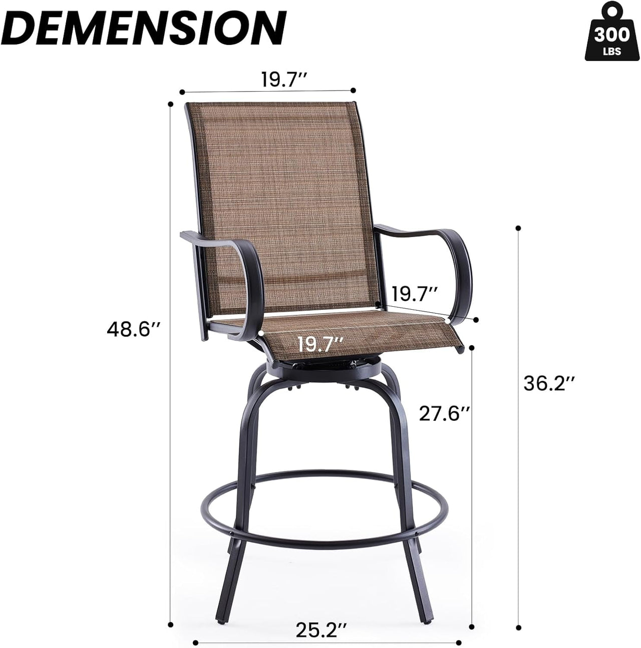 STARY Outdoor Bar Stools Set of 2, Swivel Patio Barstools with Textile Fabric,Ergonomic Comfort Bar Height Tall Outdoor Stools for Balcony,Brown