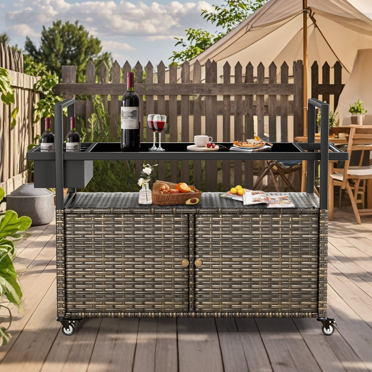 Gymojoy Outdoor Dining Cart Table, Patio Grill Cart with Tempered Glass Top,Wicker Storage Cabinet, Lockable Wheels and Side Basket for Garden, Poolside & Backyard, Gray