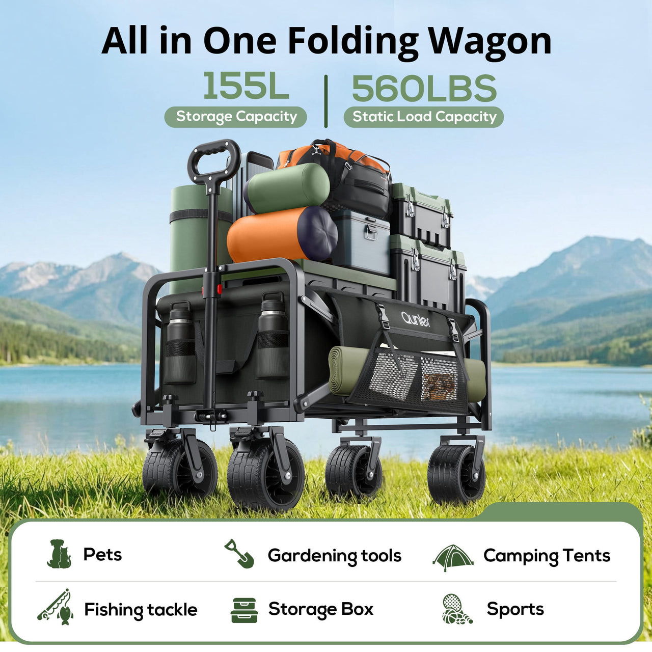 Qunler 560lbs Large Collapsible Folding Wagon with Oversized Tank Wheels, Heavy Duty Big Bucket Utility Garden Cart with Side Pocket for Sports, Shopping, Camping, Kids, Black