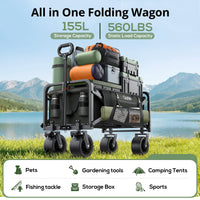 Qunler 560lbs Large Collapsible Folding Wagon with Oversized Tank Wheels, Heavy Duty Big Bucket Utility Garden Cart with Side Pocket for Sports, Shopping, Camping, Kids, Black