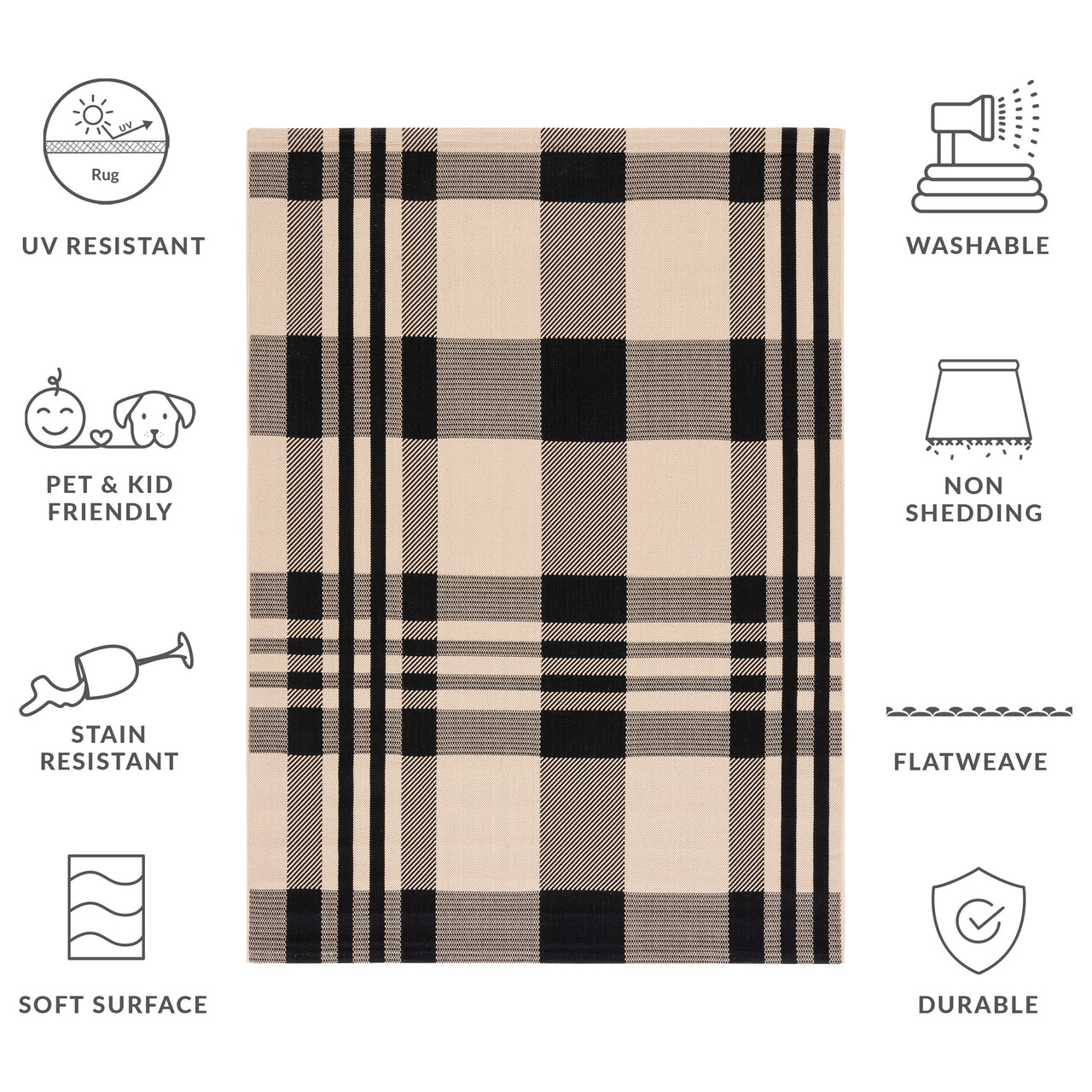 SAFAVIEH Courtyard Benjamin Plaid Indoor/Outdoor Area Rug, Black/Bone, 8' x 11'