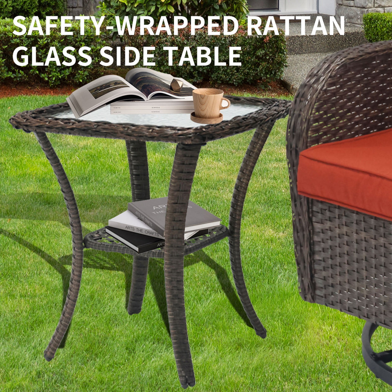 3 Piece Outdoor Swivel Rocker Chairs, Swivel Glider Patio Chairs, Heavy Duty Patio Chairs 400 lbs with Side Table, Red