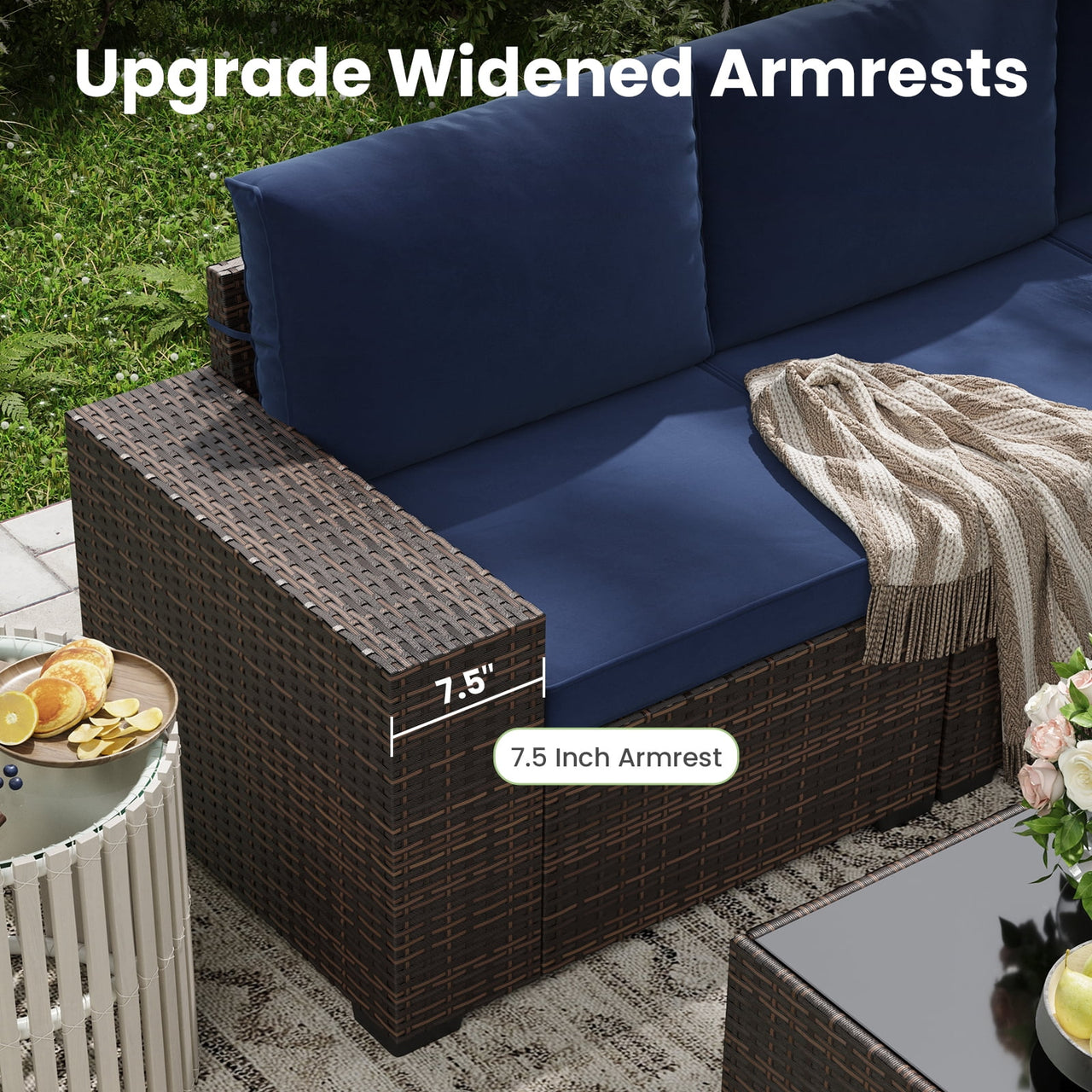 STARY 6 Pieces Outdoor Sectional Sofa with Wide Armrests, Patio Conversation Set, PE Rattan Furniture Set for Backyard, Blue