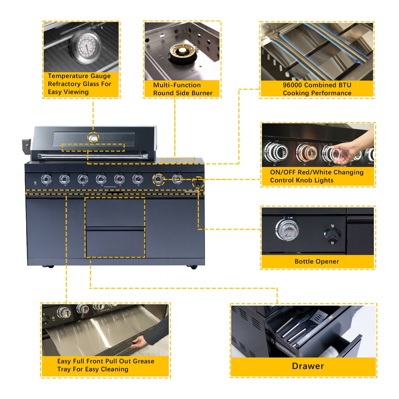 62-Inch 6-Burner 96000 BTU Black Stainless Steel Gas Outdoor Kitchen Bar Barbecue Island Grill + Refrigerator + Rotisserie + Granite Countertops