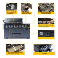 62-Inch 6-Burner 96000 BTU Black Stainless Steel Gas Outdoor Kitchen Bar Barbecue Island Grill + Refrigerator + Rotisserie + Granite Countertops