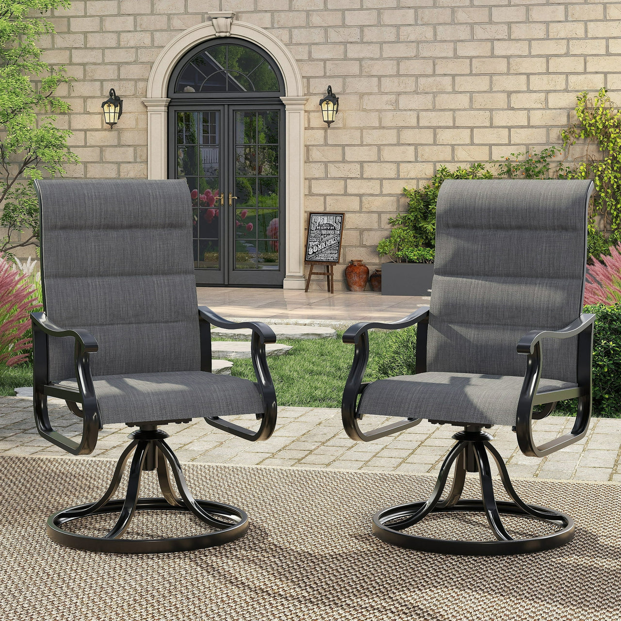 Techmilly Patio Swivel Chairs Set of 2, Outdoor Dining Chairs High Back Padded All Weather Breathable Textilene Outdoor Swivel Chairs with Metal Rocking Frame for Lawn Garden Backyard Deck, Dark Grey