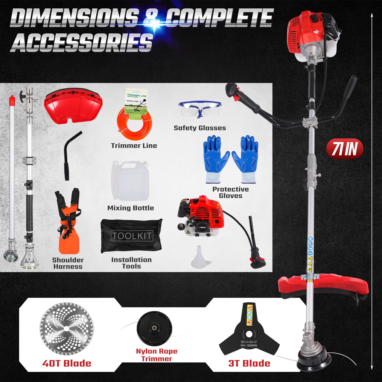 52cc 2-Cycle Weed Wacker Gas Powered, 3-in-1 Gas String Trimmer/Edger, 3T/40T
Brush Cutter 10", Powerful Gas Weed Trimmer for Lawn Care, 18" Cutting Path
Grass Trimmer with Shoulder Strap