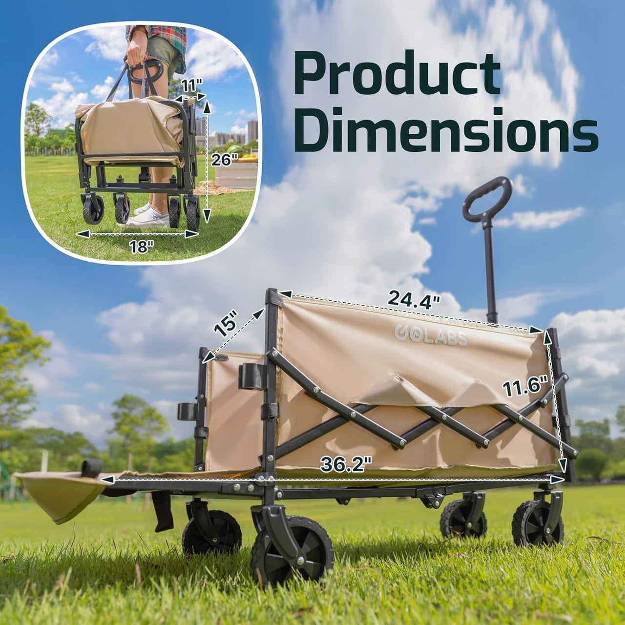 GOLABS Collapsible Folding Wagon Cart, 100L Storage & 350LB Capacity Garden Wagons for Camping & Beach