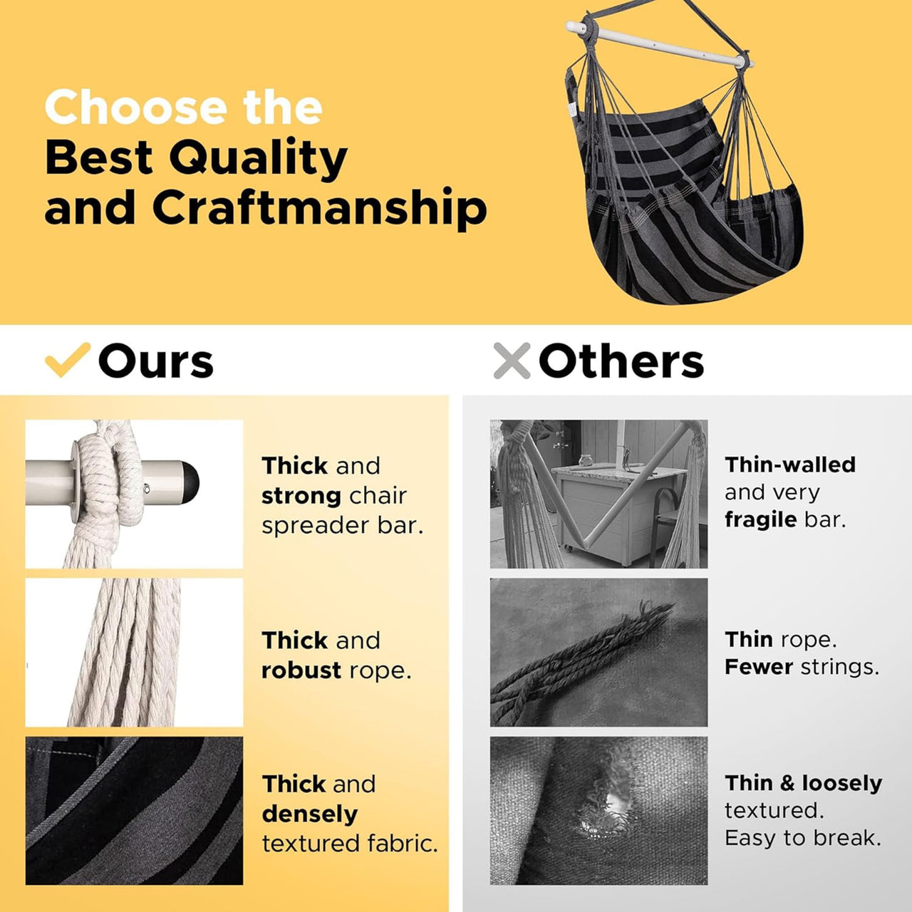 Sunyear Hammock Chair Swing Max 500 lbs with Sturdy Metal Bar & Anti-Slip Safety Rings Swing Chair Outdoor/Indoor Use - Hanging Chair for Bedroom, Patio,  Porch, Deck