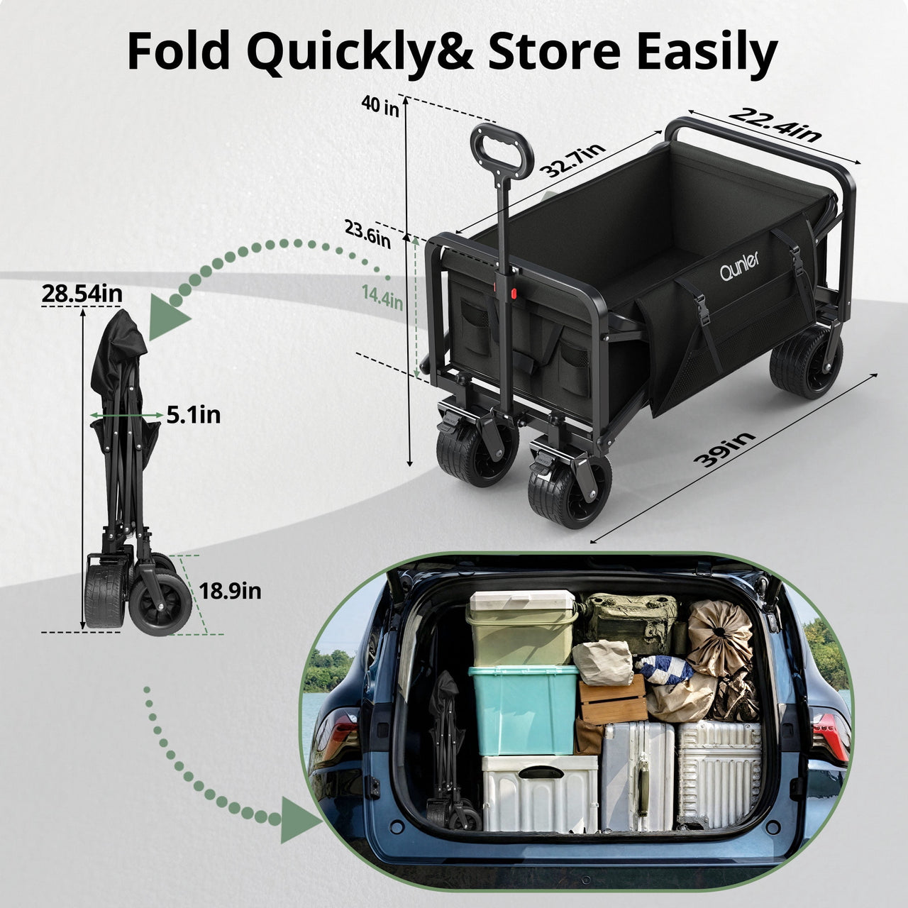 Qunler 560lbs Large Collapsible Folding Wagon with Oversized Tank Wheels, Heavy Duty Big Bucket Utility Garden Cart with Side Pocket for Sports, Shopping, Camping, Kids, Black
