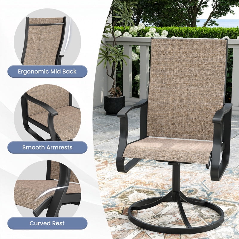 MRUAKA Patio Swivel Chairs Set of 2, Outdoor Dining Chairs Mid Back All Weather Breathable Textilene Outdoor Swivel Chairs with Metal Rocking Frame for Lawn Garden Backyard Deck, Khaki