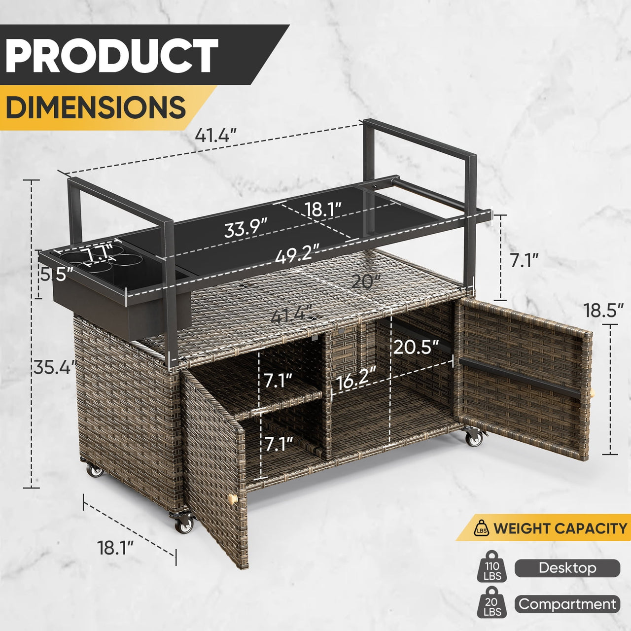 Gymojoy Outdoor Dining Cart Table, Patio Grill Cart with Tempered Glass Top,Wicker Storage Cabinet, Lockable Wheels and Side Basket for Garden, Poolside & Backyard, Gray