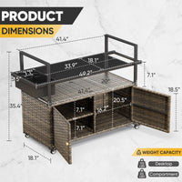 Gymojoy Outdoor Dining Cart Table, Patio Grill Cart with Tempered Glass Top,Wicker Storage Cabinet, Lockable Wheels and Side Basket for Garden, Poolside & Backyard, Gray