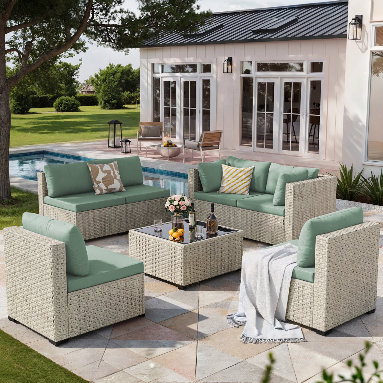 Amopatio 7 Pieces Patio Conversation Set, Outdoor Sectional PE Rattan Wicker Furniture Seat,GREEN