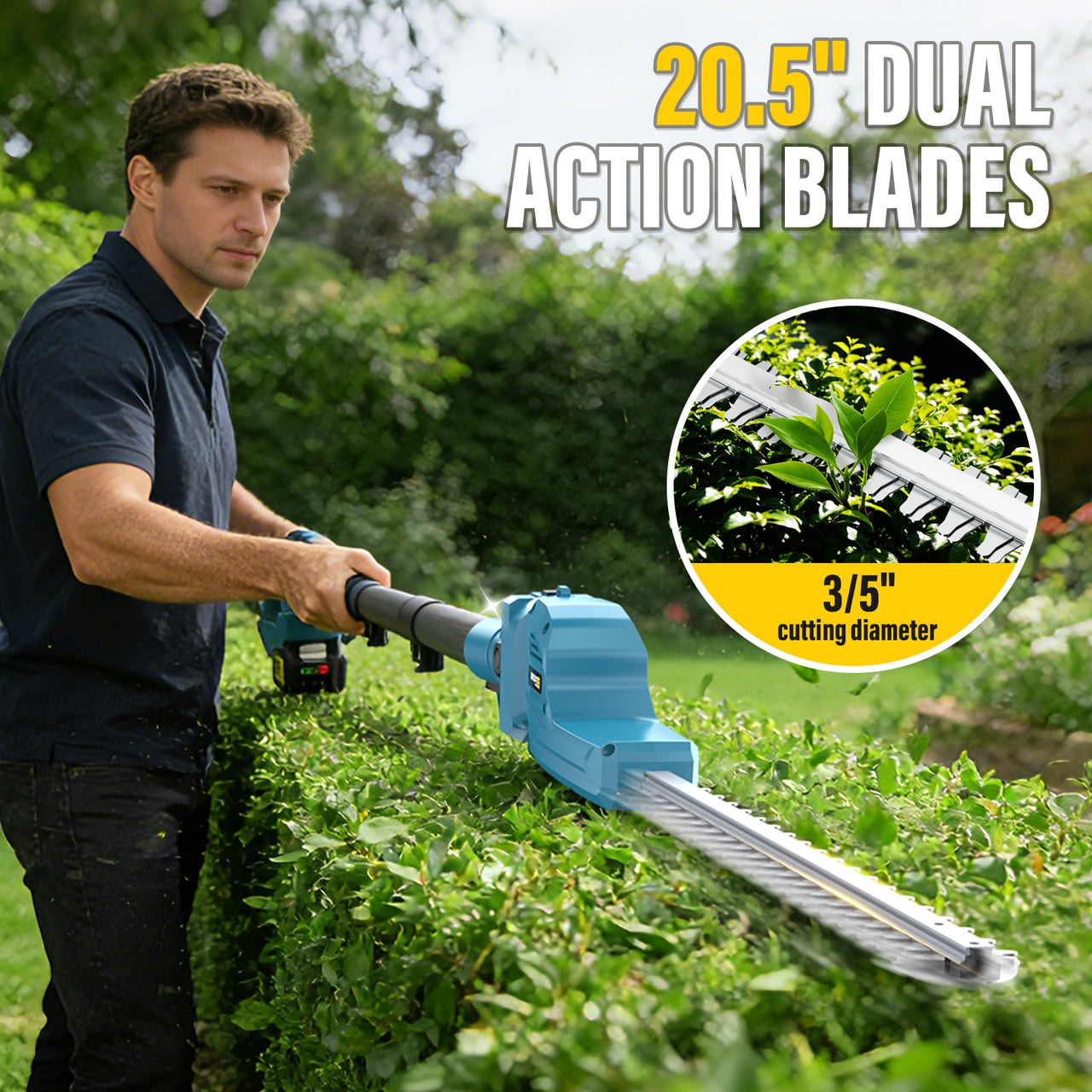 Gisam 21V MAX Brushless Pole Hedge Trimmer Cordless, 20.5" Dual-Action Blade, 180° Adjustable Head Electric Bush Trimmer, 2×4000mAh Batteries, Up to 14.9FT Reach Battery Powered Hedge Trimmers for Sh