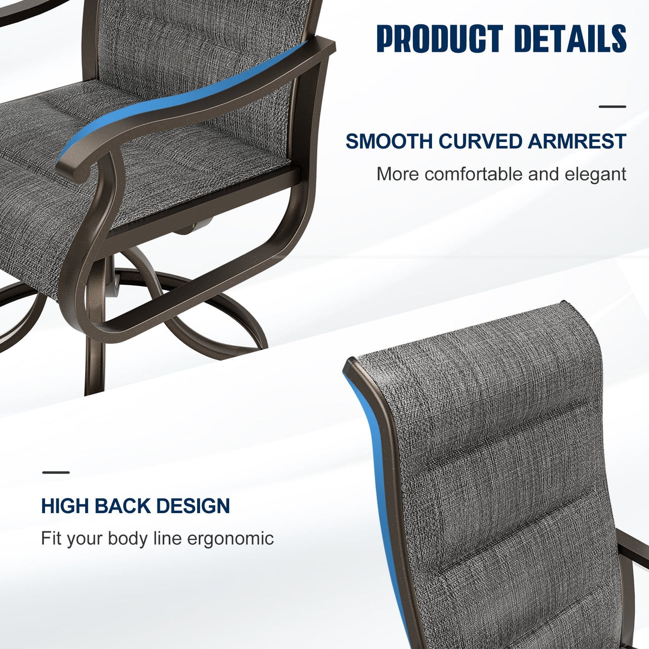 Techmilly Patio Swivel Chairs Set of 2, Outdoor Dining Chairs High Back Padded All Weather Breathable Textilene Outdoor Swivel Chairs with Metal Rocking Frame for Lawn Garden Backyard Deck, Dark Grey