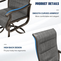Techmilly Patio Swivel Chairs Set of 2, Outdoor Dining Chairs High Back Padded All Weather Breathable Textilene Outdoor Swivel Chairs with Metal Rocking Frame for Lawn Garden Backyard Deck, Dark Grey