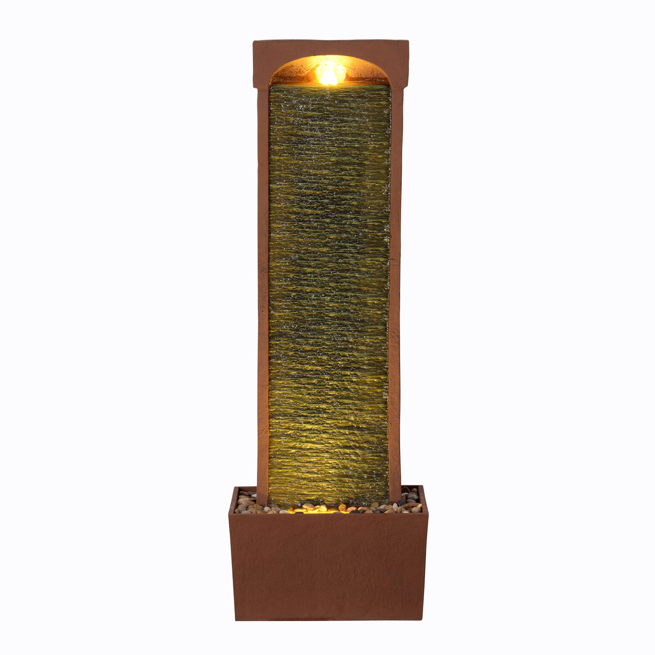 Teamson Home 38.5" Indoor/Outdoor Modern Curved Faux Slate Waterfall Fountain with LED Lights, Red Rock