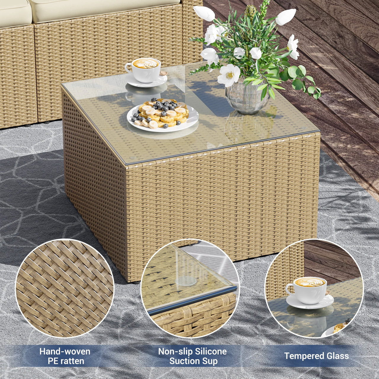 ELPOSUN 5-Piece Patio Furniture Conversation Set, All-Weather Wicker Outdoor Sectional Sofa Set with Table & Cushions, Beige