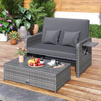 Costway Wicker Outdoor Patio Dining Set with Ottoman and Retractable Side Tray, Gray