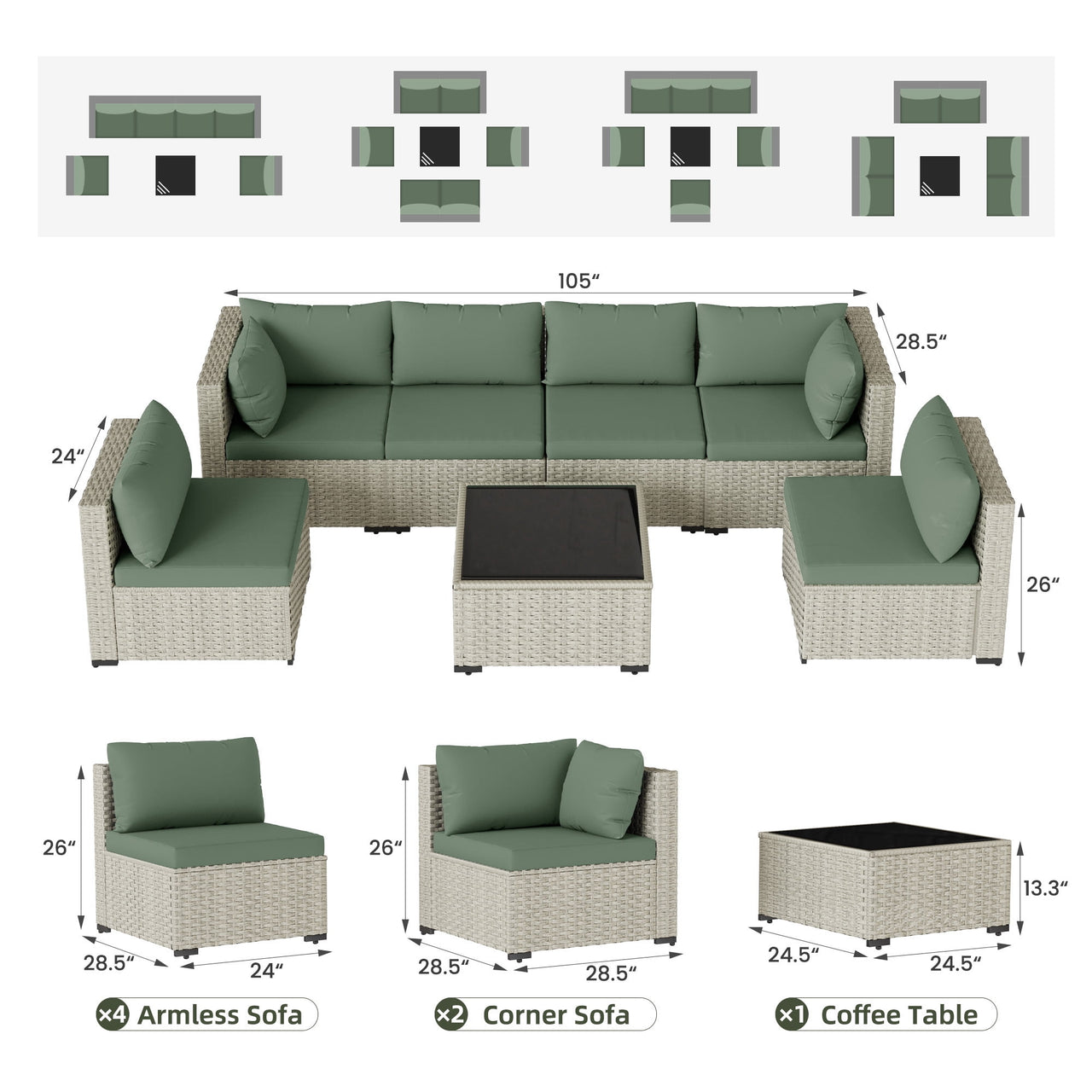 Amopatio 7 Pieces Patio Conversation Set, Outdoor Sectional PE Rattan Wicker Furniture Seat,GREEN