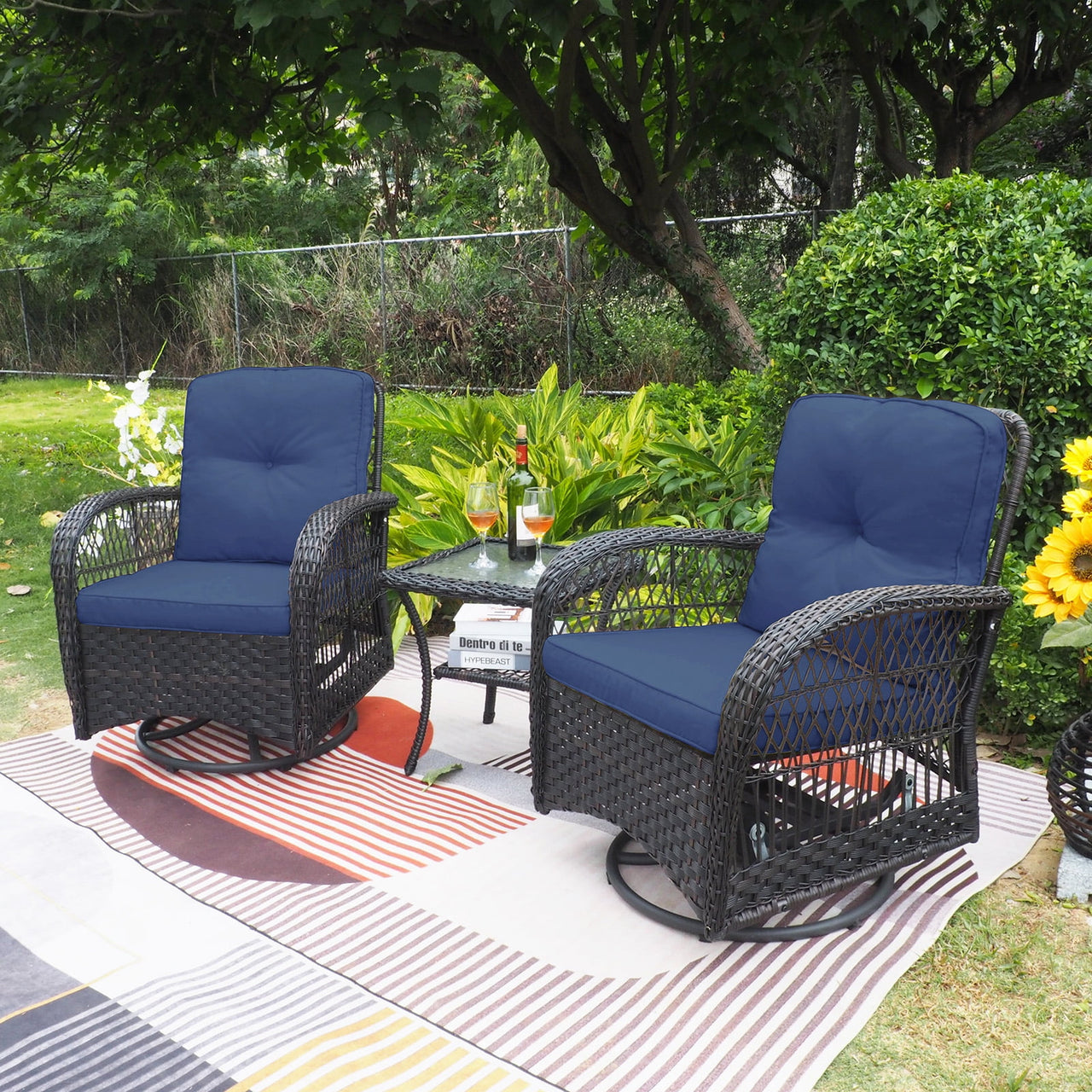 ATR ART TO REAL 3PCS Outdoor Wicker Swivel Rocker, Patio Rattan Furniture Rocker Set, Navy Blue