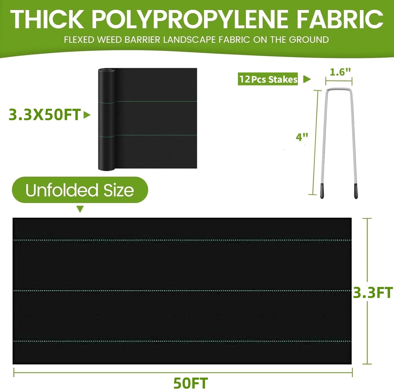 BSHAPPLUS® 3.3x50ft Weed Barrier Fabric,3.2OZ Landscape Fabric,Heavy Duty Geotextile Fabric with 12 U-Shaped Securing Pegs,Woven Ground Cover for Commercial Greenhouse,Yard,Garden Barrier Cloth