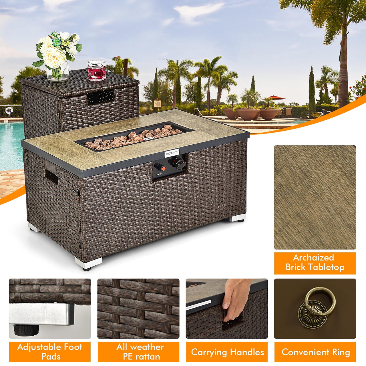 Costway 8PCS Patio Rattan Furniture Set Fire Pit Table Tank Holder Cover Deck Navy