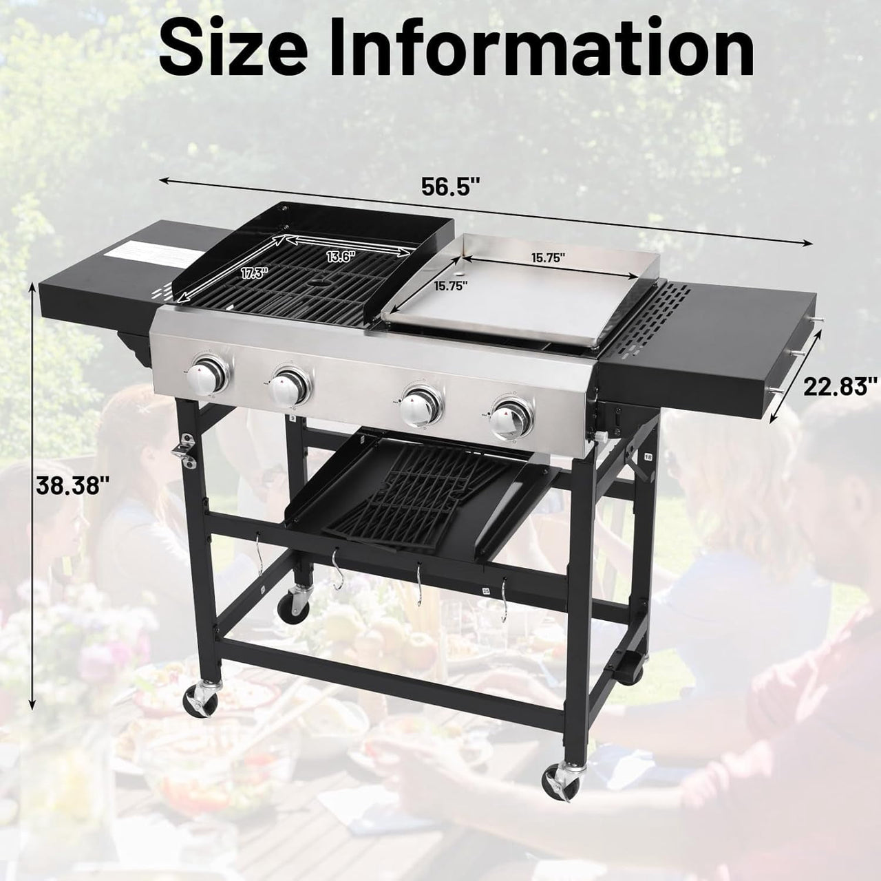 Urday 38,200 BTU 4-Burner Gas Grill and Griddle Station, Portable Propane BBQ Combo with 2 Folding Shelves & Hanging Basket, Versatile Outdoor Cooking Kitchen for Backyard